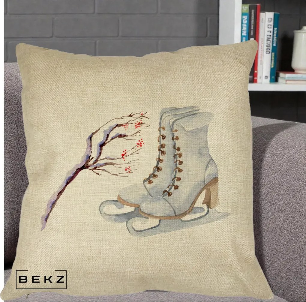 Perna Decorativa Patine cu Ramuri Inzapezite, 40x40 cm, Crem, Husa Detasabila, Perna Inclusa, BEKZ®