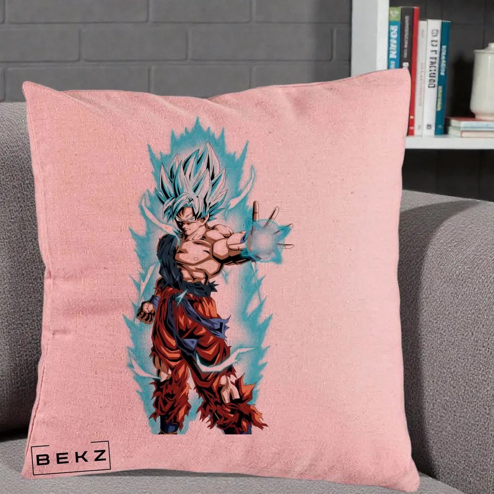 Perna Personalizata Dragon Ball Goku Ultra Instinct Blue, 40x40 cm, Roz, Husa Detasabila, Perna Inclusa, BEKZ®