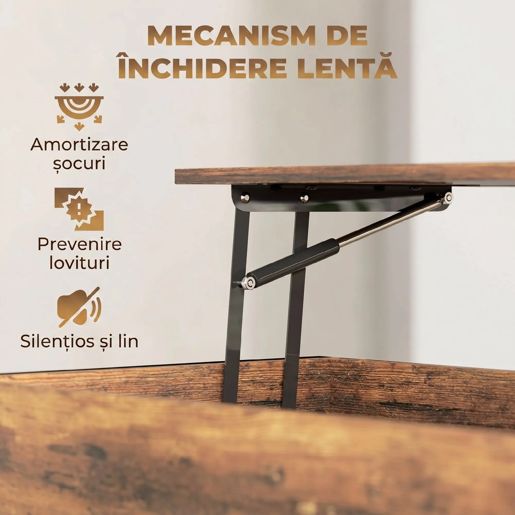 HOMCOM Măsuță de Cafea Ridicabilă cu Compartiment Ascuns și Raft, Maro | Aosom Romania