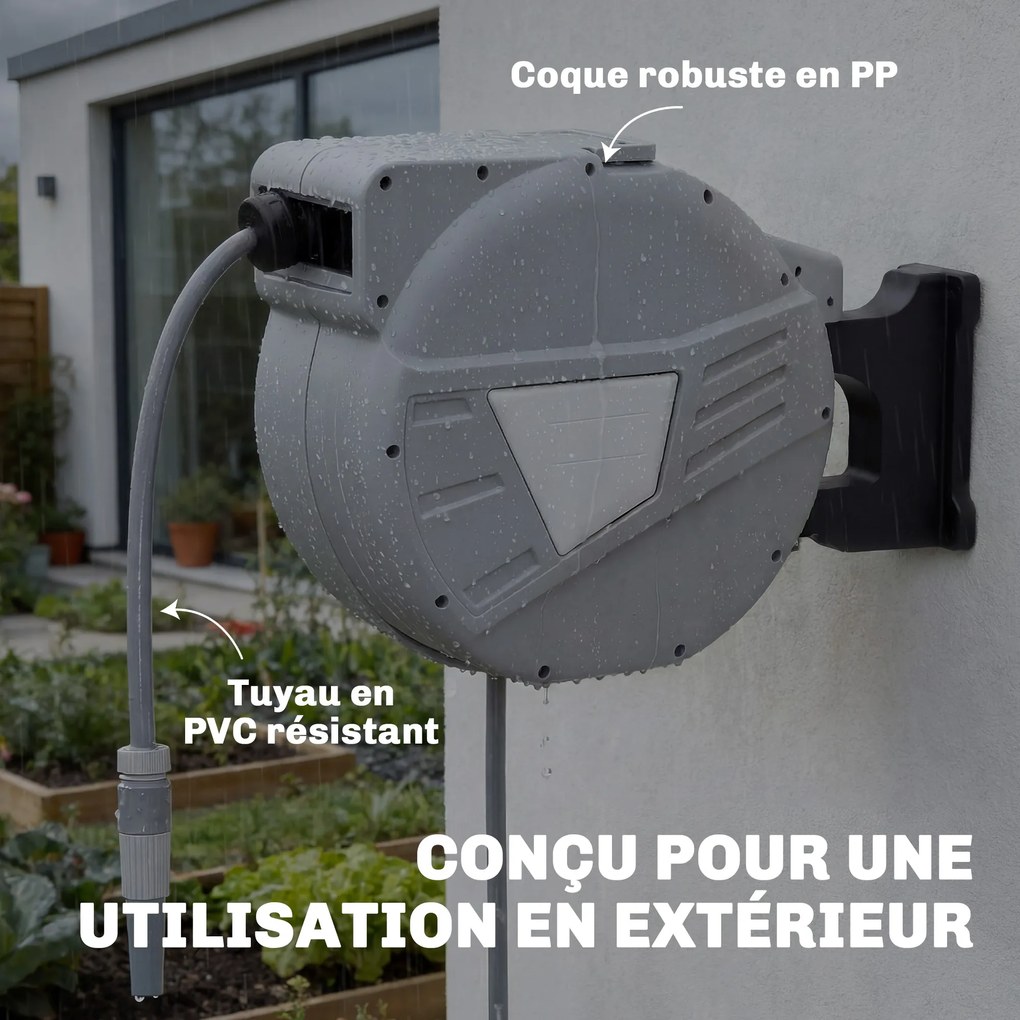 Outsunny Tambur furtun de perete 40+2 m x Ø 15mm, tambur pentru furtun de apă retractabil automat pivotant la 180°, Gri | Aosom Romania