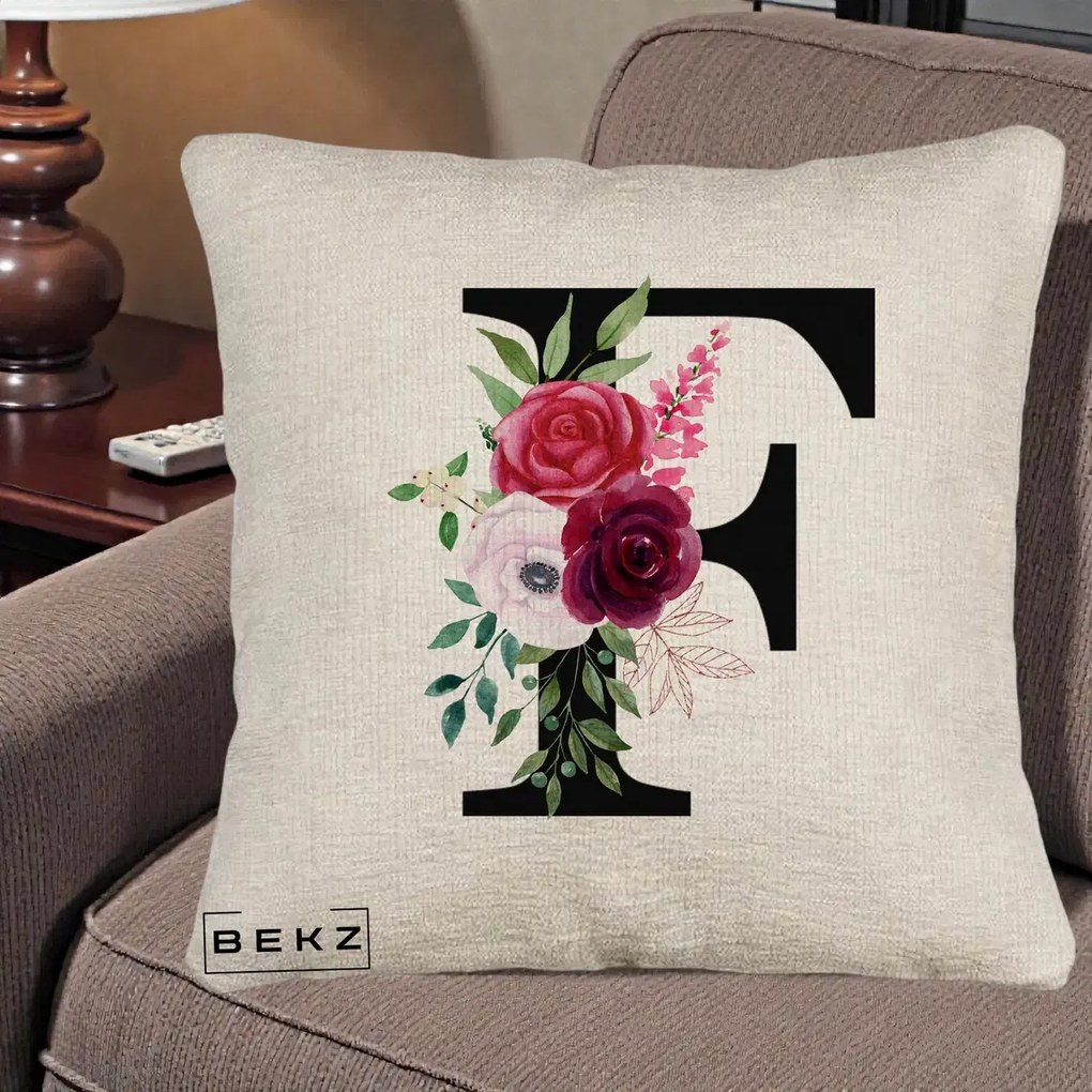 Cadou Personalizat - Perna Personalizata Monograma Florala Litera F, 40x40 cm, Bej Canapea, Husa Detasabila, Perna Inclusa, BEKZ®