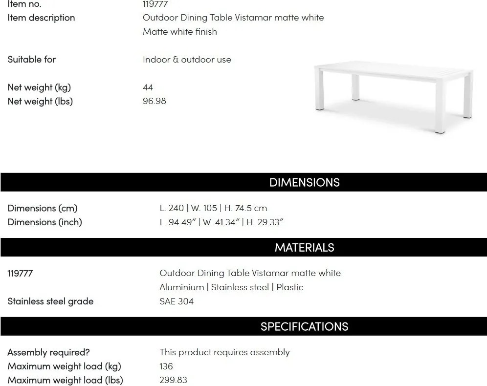 Masa pentru interior/ exterior design LUX din aluminiu Vistamar alb, 240x105cm