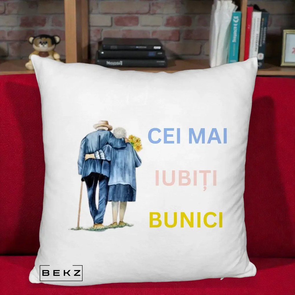 Cadou pentru Bunici - Perna Personalizata Cei Mai Iubiti Bunici Acuarela Spate, 40x40 cm, Alb Pufos, Husa Detasabila, Perna Inclusa, BEKZ®