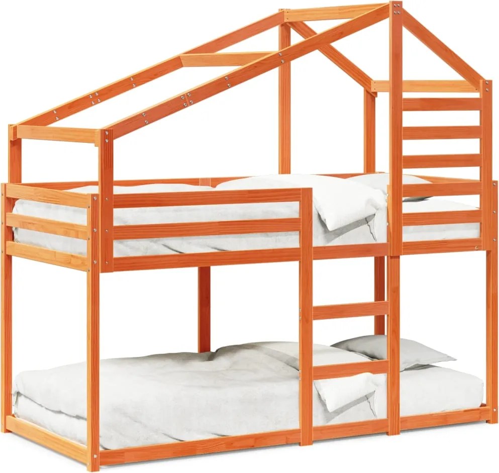 vidaXL Pat supraetajat cu acoperiș maro ceruit 90x200cm lemn masiv pin