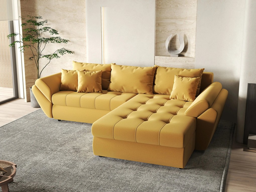 Colțar extensibil dumonde cu ladă de depozitare si sezut confortabil din spuma high-density, Loana Royal Muștar II 270x185 cm