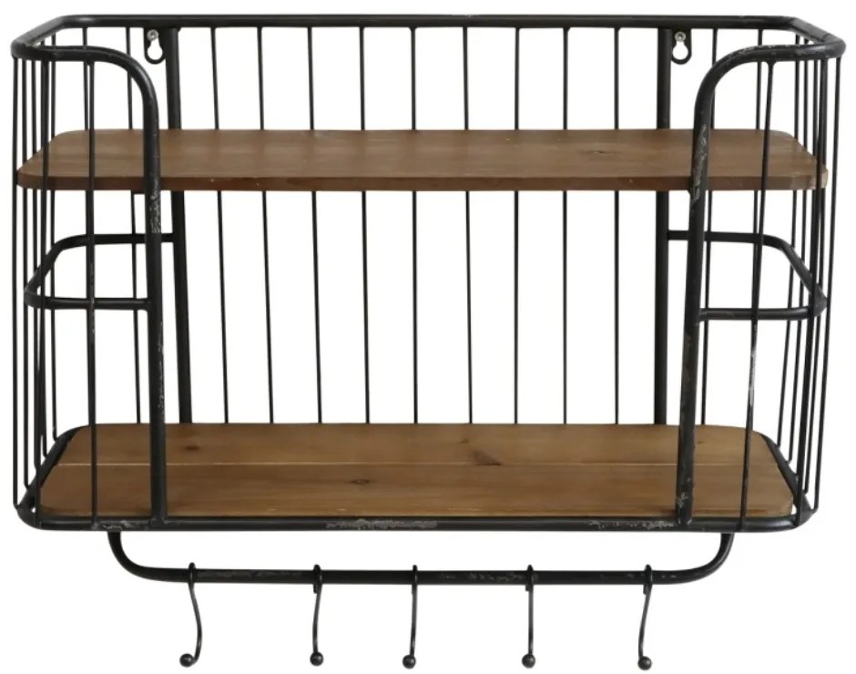 Etajeră de perete vintage, din metal, cu 5 agățători, finisaj negru antichizat, Old Shelf