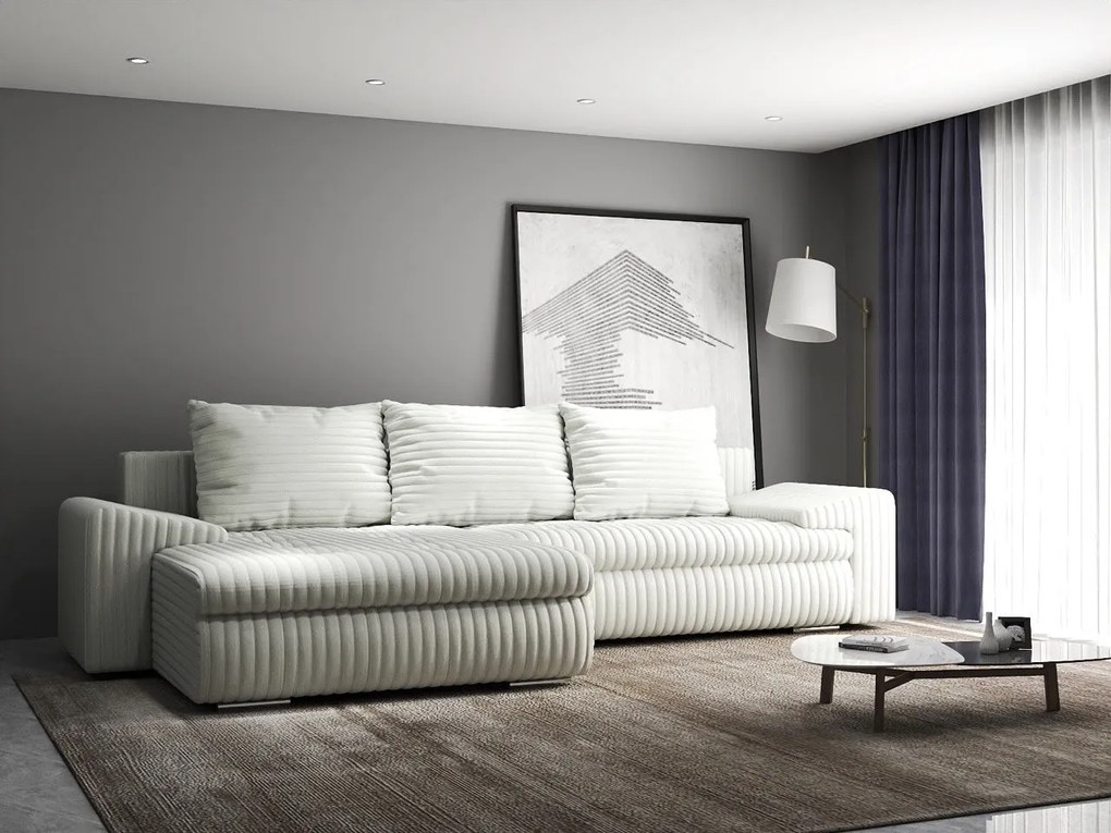 Colțar extensibil dumonde cu ladă de depozitare si sezut confortabil din spuma high-density, Leonardo Ambience Ivory 260x185 cm