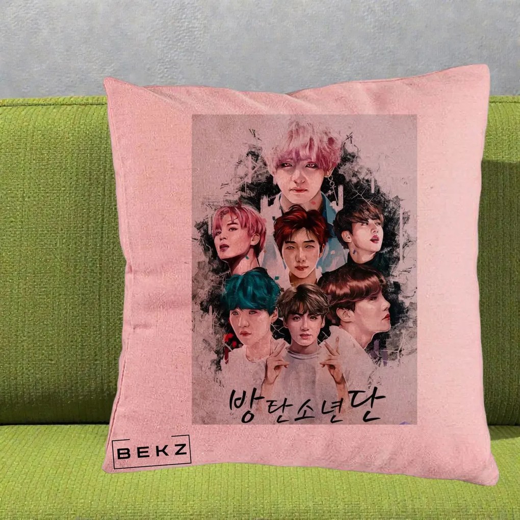 Perna Personalizata K-pop BTS Bangtan Boys Poster Artistic Negru Alb, 40x40 cm, Roz, Husa Detasabila, Perna Inclusa, BEKZ®
