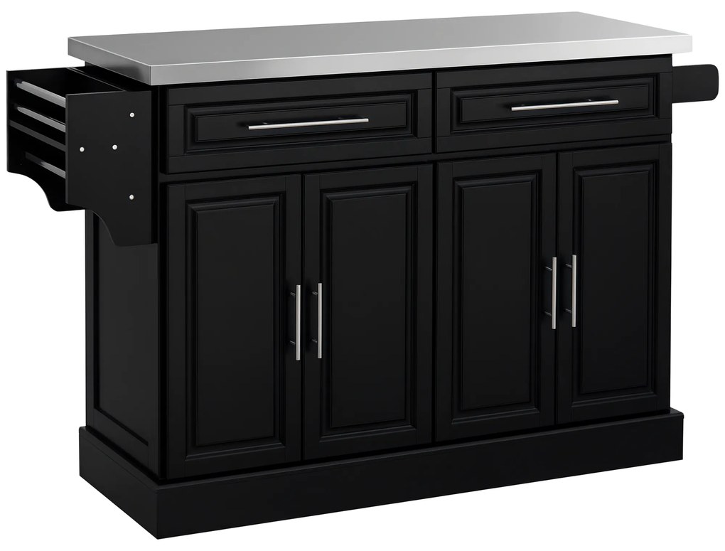 HOMCOM Insulă de bucătărie pe roți Blat din oțel inoxidabil Sertare Rafturi reglabile Suport pentru condimente Suport prosoape 145x45x93 cm Negru | Aosom Romania