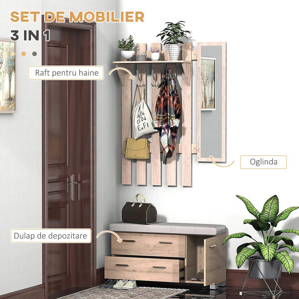 HOMCOM Dulap Pantofi 3 in 1, cu Cuier si Oglinda, Sertare Spațioase, Scaun Rezistent, 90x24x116 cm | Aosom Romania