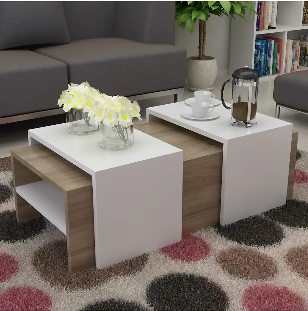 Masa cafea cu masute detasabile Mora Homs alb-nuc