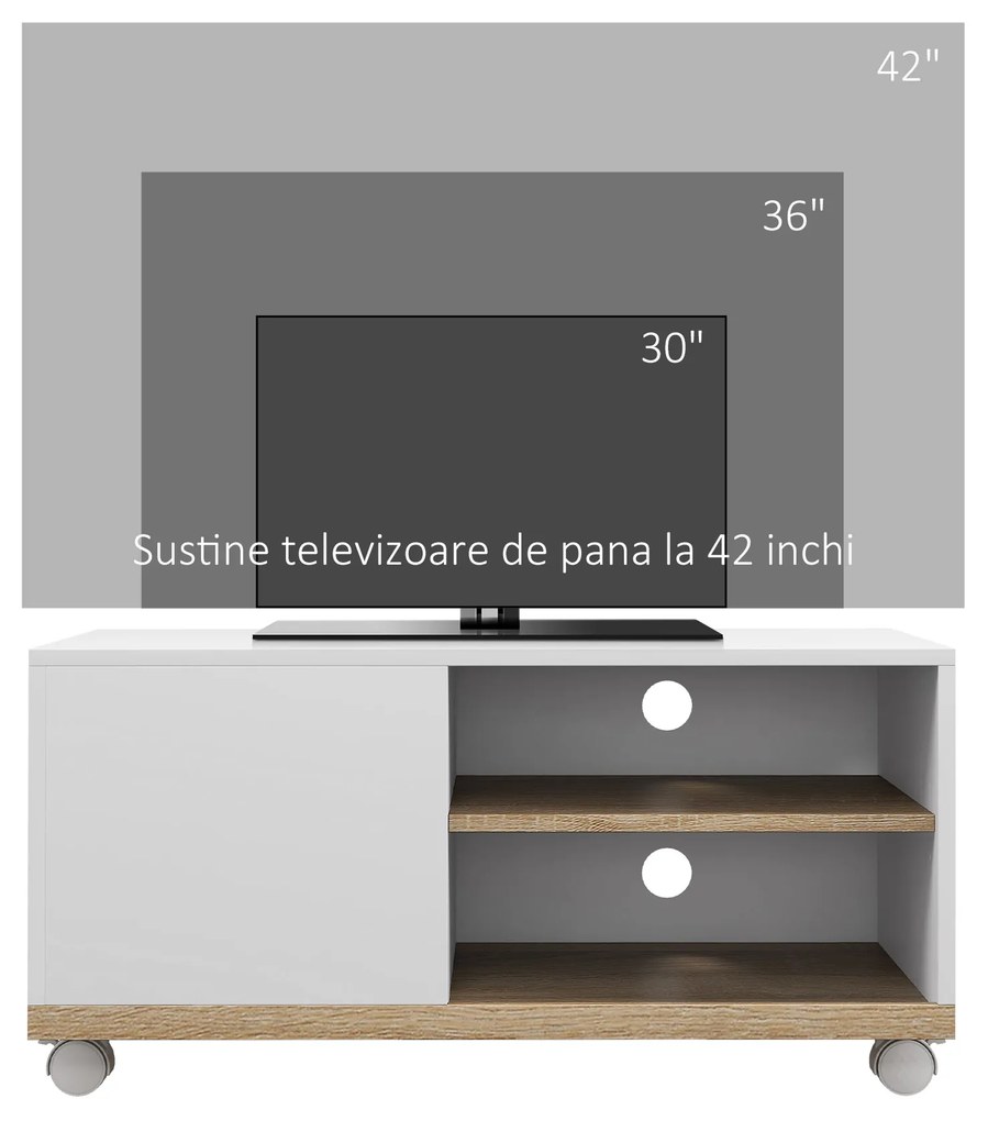 HOMCOM Dulap TV 42" Max cu 2 Rafturi deschise si Usa, Dulap TV Jos din PAL cu Roti, 80x45x39.5 cm, Alb | Aosom Romania