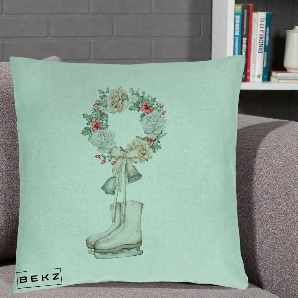 Perna Decorativa Patine cu Coroana Florala de Craciun, 40x40 cm, Verde Menta, Husa Detasabila, Perna Inclusa, BEKZ®