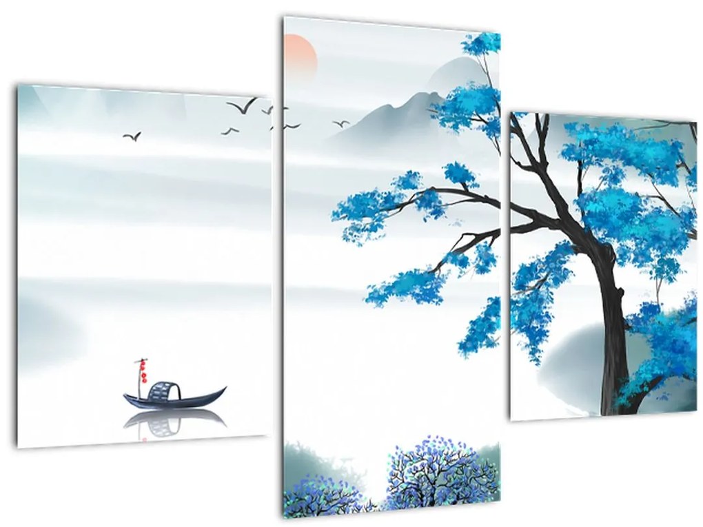 Tablou - Pictură, lac cu barcă (90x60 cm)