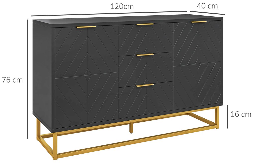 HOMCOM Bufet design contemporan grafic 2 dulapuri usa rafturi reglabile 3 sertare glisante din lemn negru metal aur | Aosom Romania