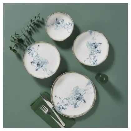 Set de masă, 24 piese, porțelan, alb/albastru