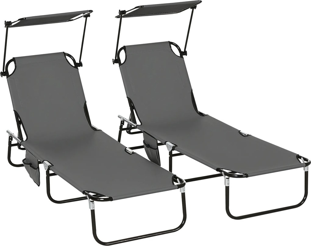 Outsunny Set 2 șezlonguri pliante cu parasolar, spătar reglabil în 5 trepte, Gri închis | Aosom Romania