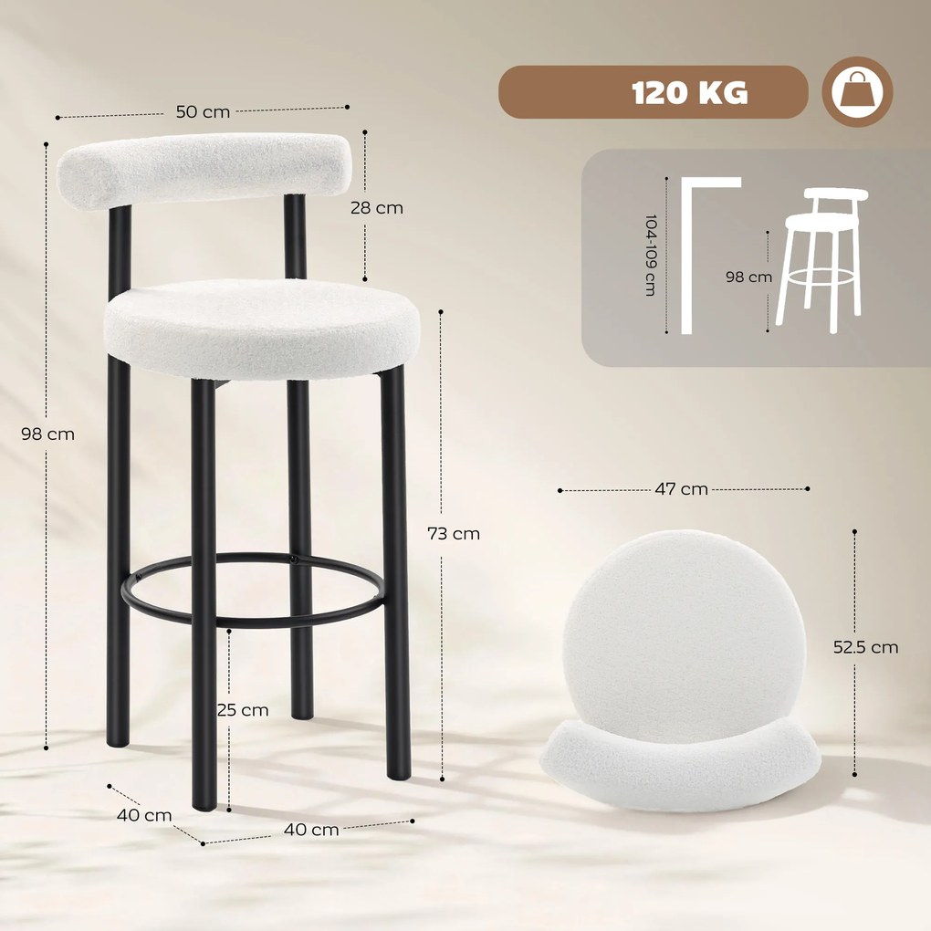 HOMCOM Set de 2 taburete de bar, scaune de bar din țesătură bouclette cu spătar curbat, suport pentru picioare, 50x52,5x98cm, crem | Aosom Romania