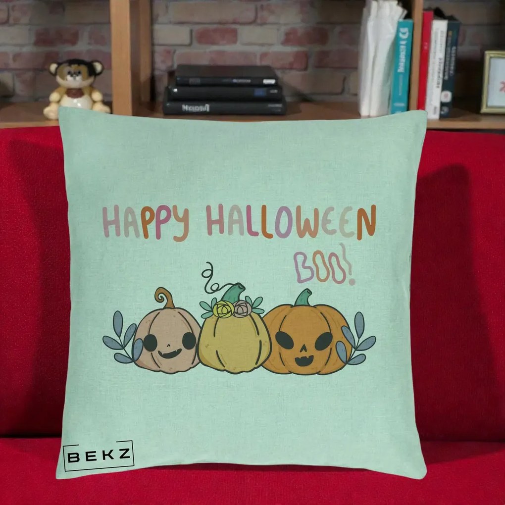 Perna Decorativa Happy Halloween Boo Trei Dovlecei Kawaii, 40x40 cm, Verde Menta, Husa Detasabila, Perna Inclusa, BEKZ®