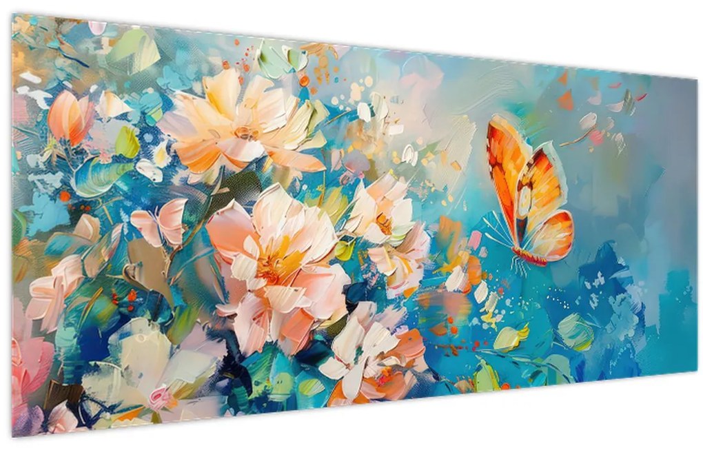 Tablou - Fluture și flori, pictură în ulei II. (120x50 cm)