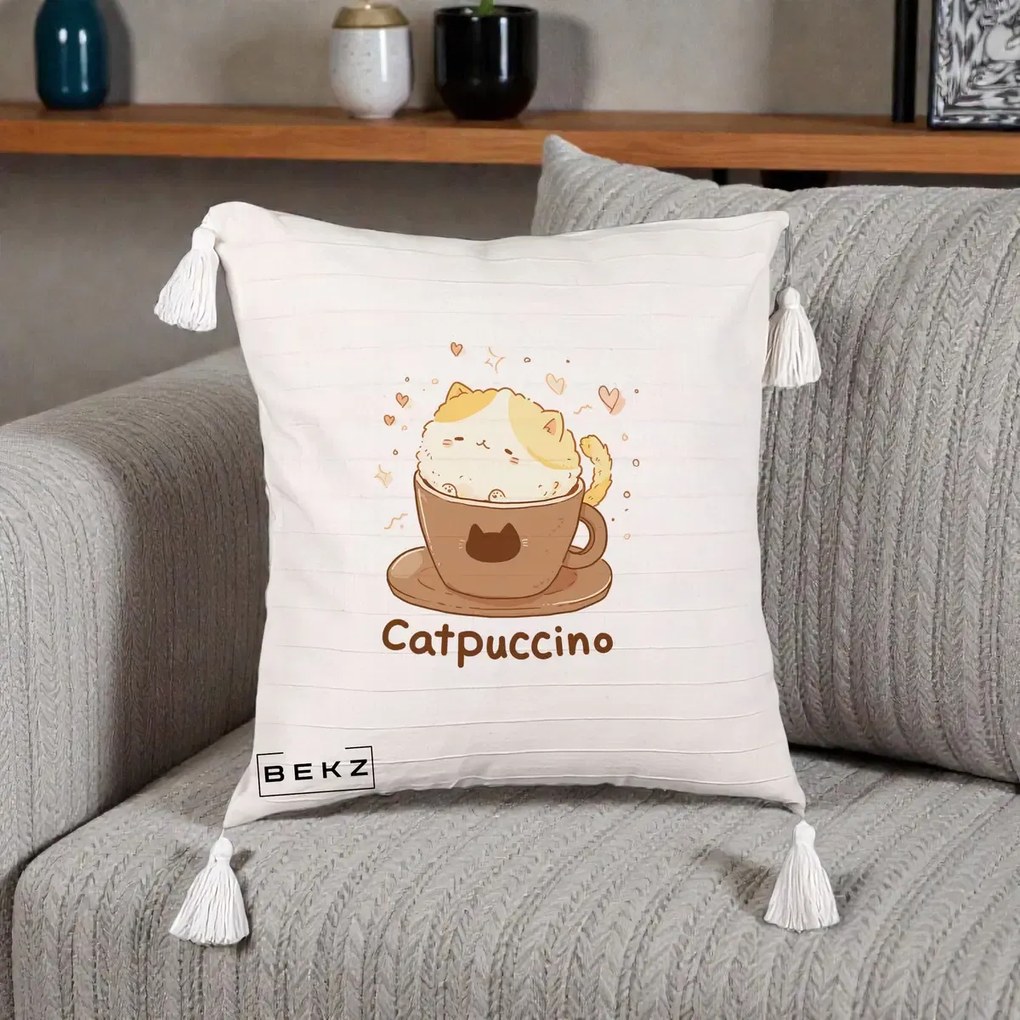 Perna Decorativa Catpuccino Pisica Cappuccino, 40x40 cm, Bej cu Franjuri, Husa Detasabila, Perna Inclusa, BEKZ®
