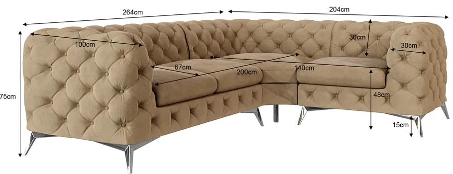 Colțar maro deschis cu tapițerie din catifea (cu colț pe partea dreaptă/în formă de ”L”) Chelsea – Ropez