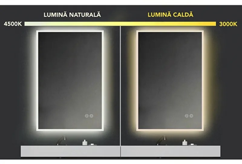 Oglinda dreptunghiulara 60 cm cu iluminare LED si dezaburire Fluminia, Miro 600x750x35 mm