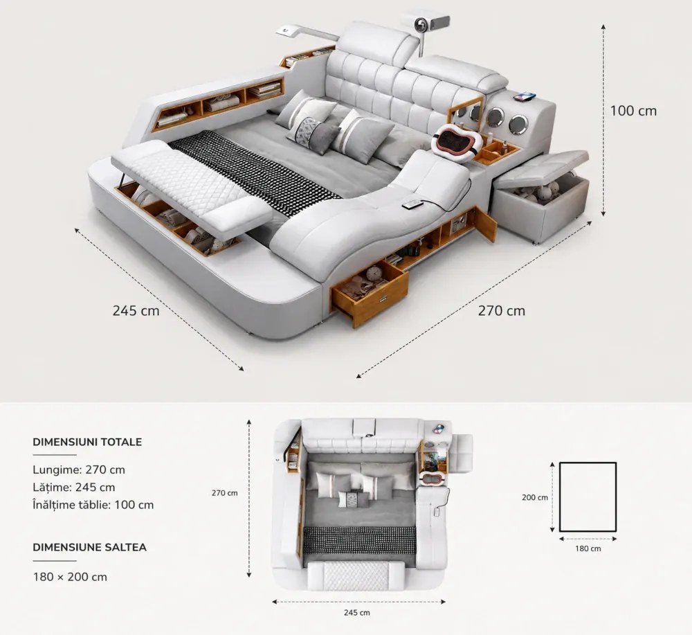 MOBLUX03 Luxury 180x200 cm Light Grey Left Chaise – Pat Inteligent Premium cu Proiector, Vibromasaj, Boxe Bluetooth, Încărcare Wireless și Spații Multiple de Depozitare