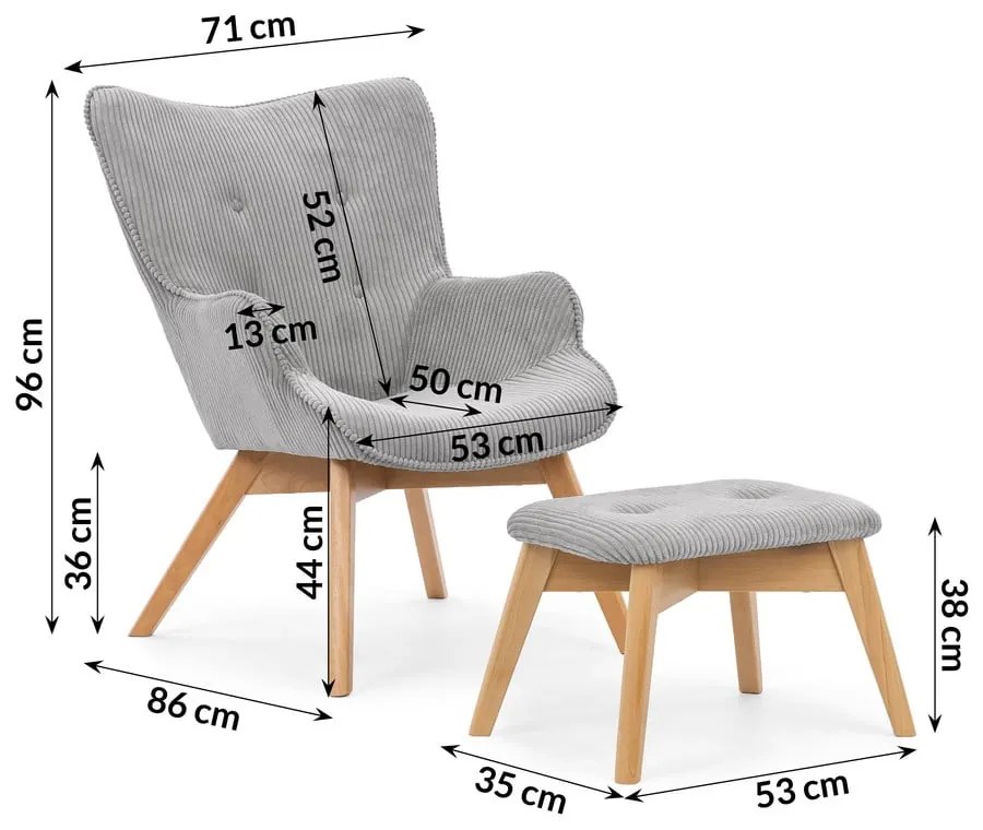 Fotoliu cu taburet gri cu tapițerie din catifea reiată Niko – Ropez