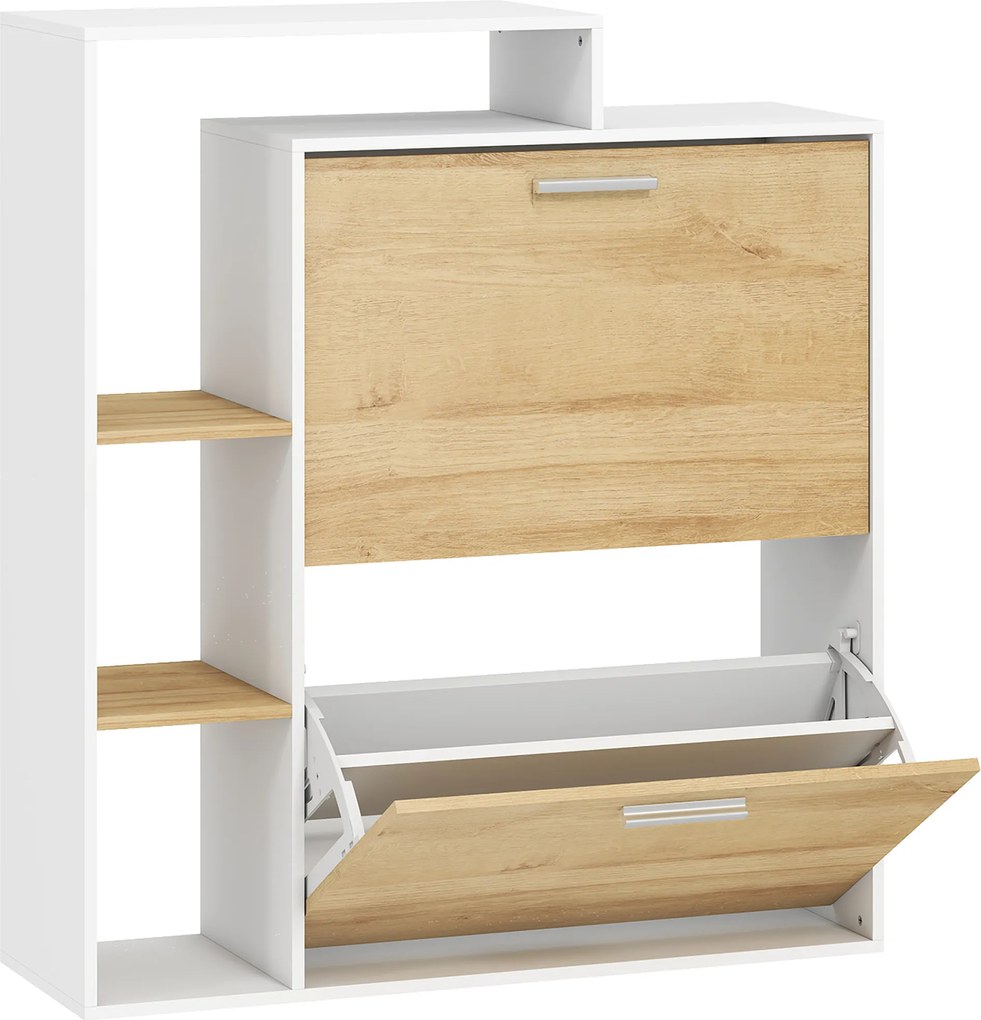 HOMCOM Dulap Slim pentru Pantofi cu 2 Sertare Rabatabile, Dulap Intrare cu Rafturi Reglabile, 3 Rafturi Deschise, Spațiu pentru 8 Perechi de Pantofi, Alb și Lemn Natural, 80x26x90 cm | Aosom Romania