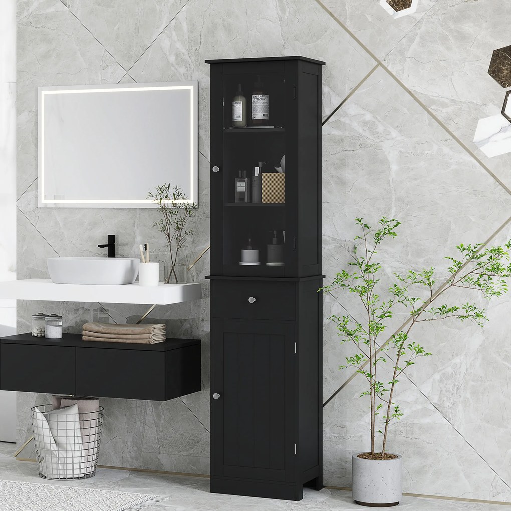 kleankin Coloană Baie economisitoare de spațiu cu dulăpior, sertar și rafturi din MDF, 40x27x171.5cm, Negru | Aosom Romania