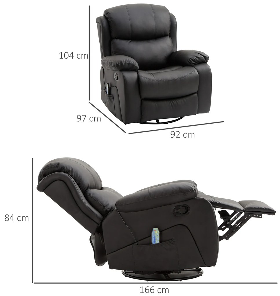 HOMCOM Fotoliu Relax cu 8 Puncte de Masaj si Telecomanda, Fotoliu Rabatabil cu Suport pentru Picioare, 97x92X104cm Negru | Aosom RO
