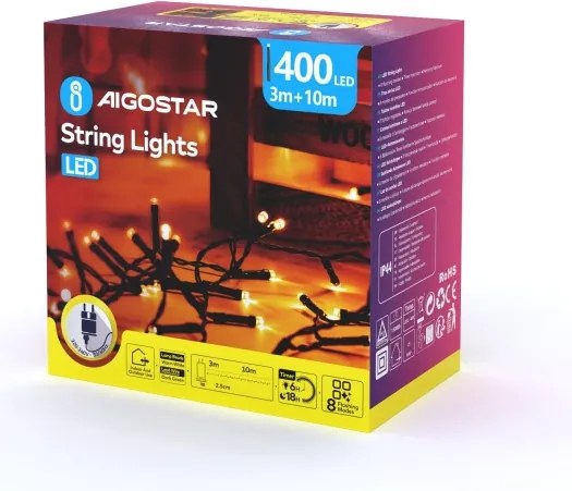 Aigostar - Ghirlandă de exterior cu LED pentru Crăciun 400xLED/8 funcții 13m IP44 alb cald