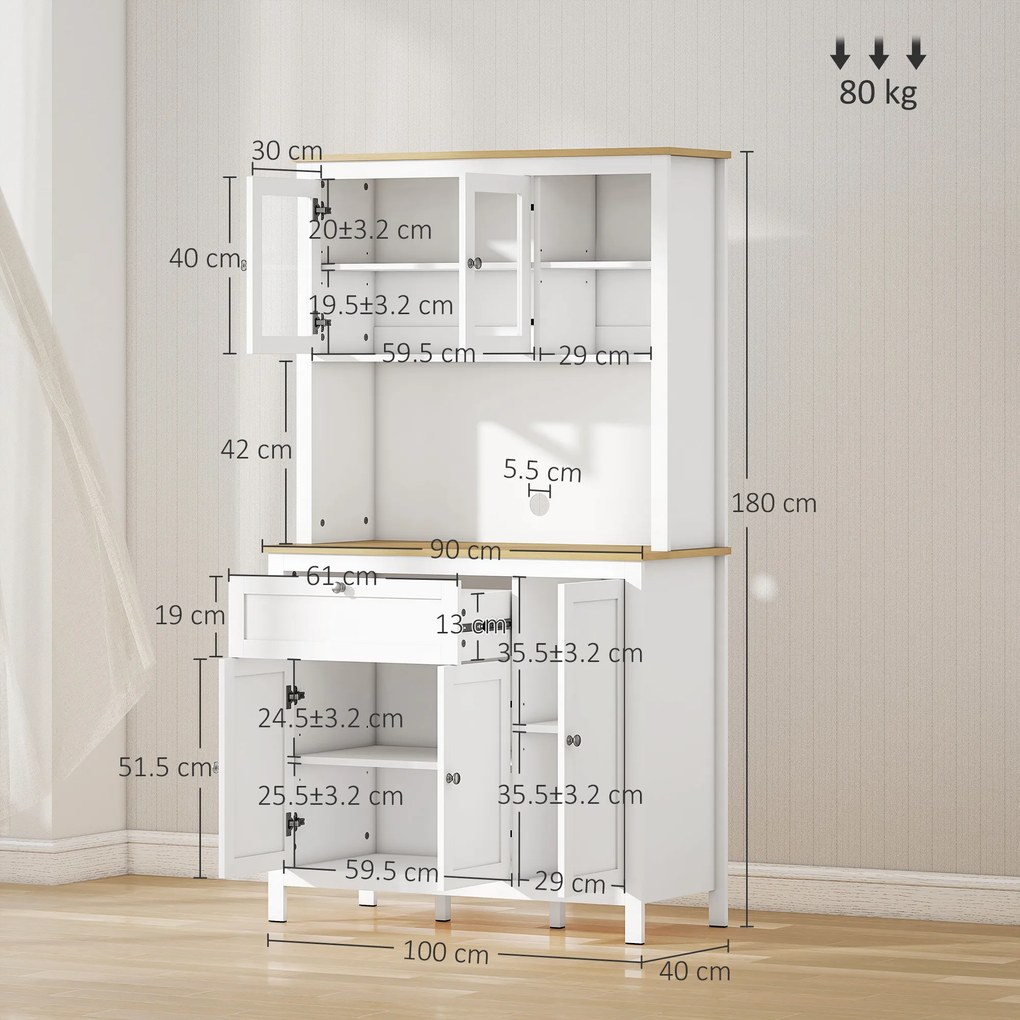 HOMCOM Bufet de Bucătărie cu Sertare, Rafturi Deschise și Rafturi Reglabile din Lemn MDF, 100x40x180 cm, Alb | Aosom Romania
