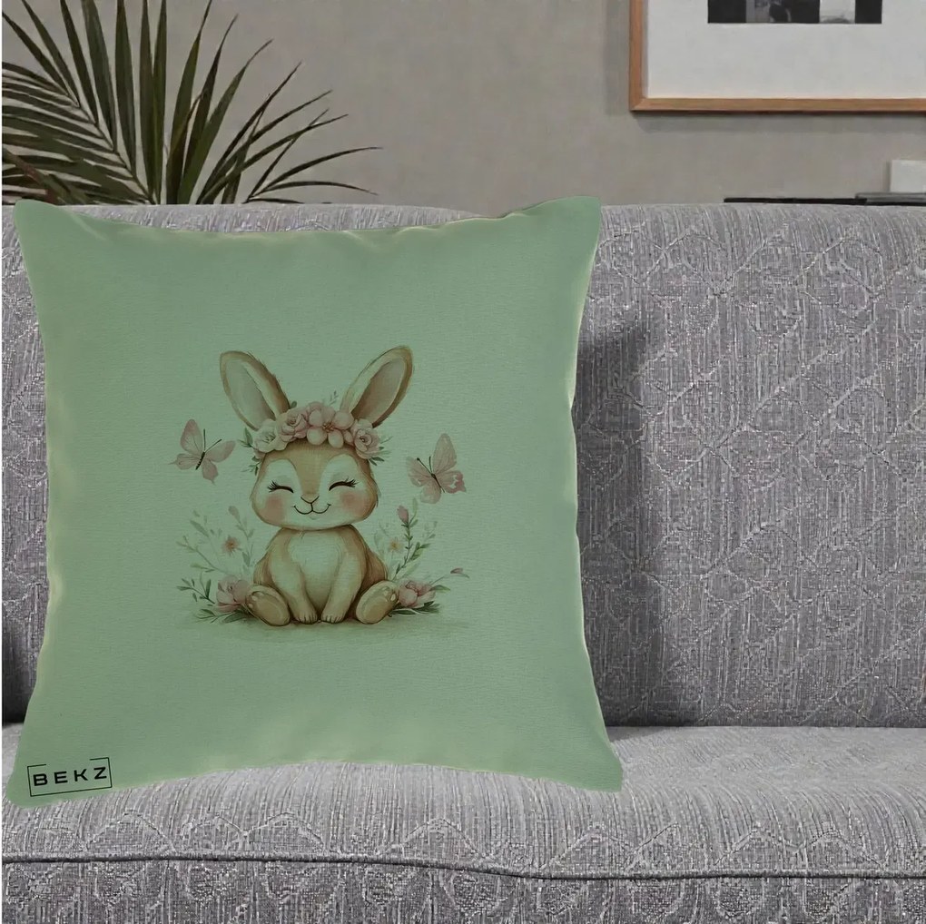 Perna Decorativa Iepuras cu Coronita Florala Roz, 40x40 cm, Verde, Husa Detasabila, Perna Inclusa, BEKZ®