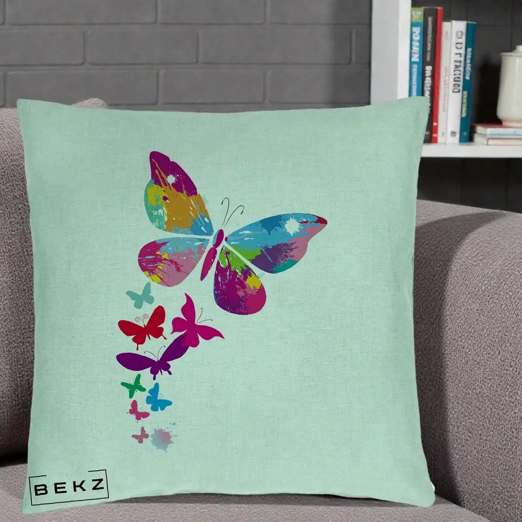 Perna Decorativa Fluturi Splash, 40x40 cm, Verde Menta, Husa Detasabila, Perna Inclusa, BEKZ®