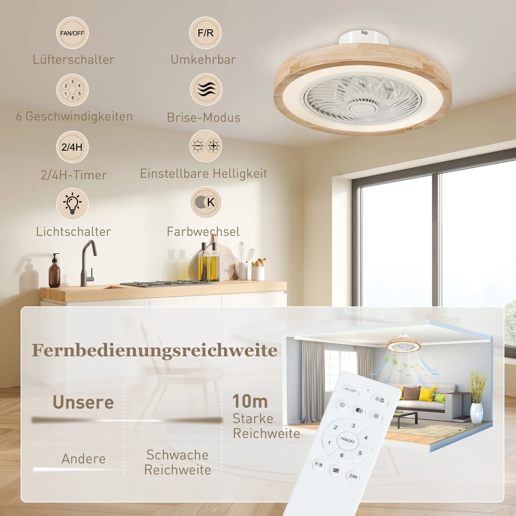 HOMCOM Ventilator de tavan cu lumină și telecomandă, 6 viteze, luminozitate reglabilă, motor silențios, maro deschis | Aosom Romania