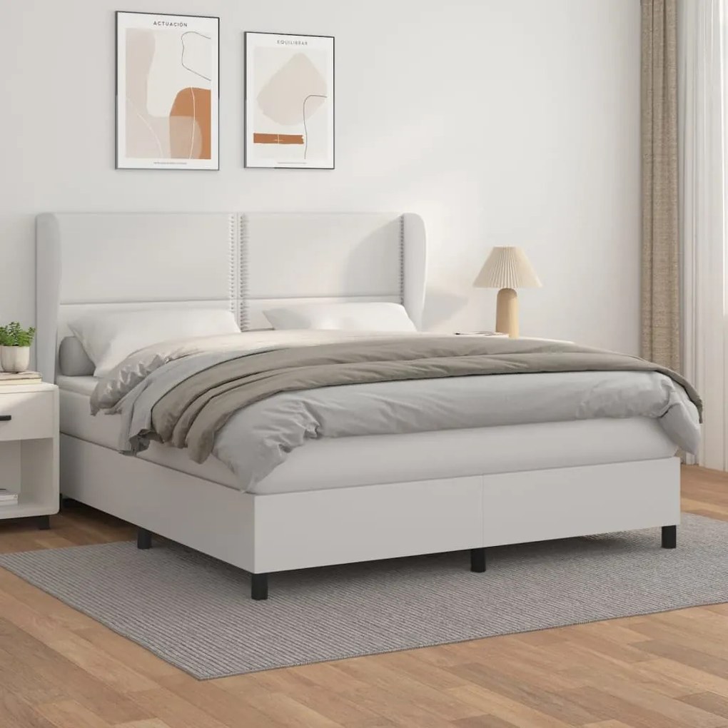 3128986 vidaXL Pat box spring cu saltea, alb, 180x200 cm, piele ecologică