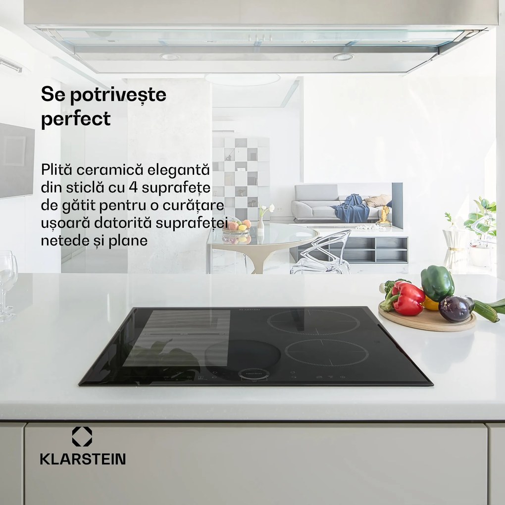 Klarstein Delicatessa 60 Hybrid, plită de inducție, încorporată, 4 zone, 7000 W, neagră