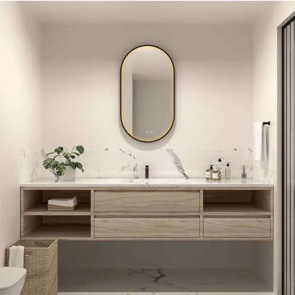 Oglinda cu iluminare si dezaburire Fluminia Canaria cu afisare ora 50x90 cm finisaj negru mat