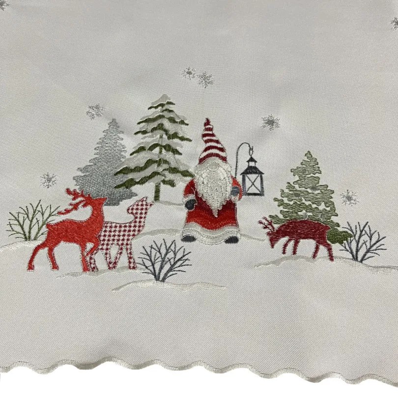 Traversa alba de Crăciun cu broderie de elf și ren Lățime: 40 cm | Lungime: 85 cm