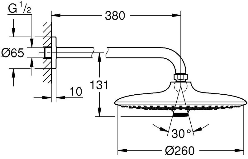 Palarie dus fix Grohe Euphoria 260, O26 cm cu brat, montaj pe perete