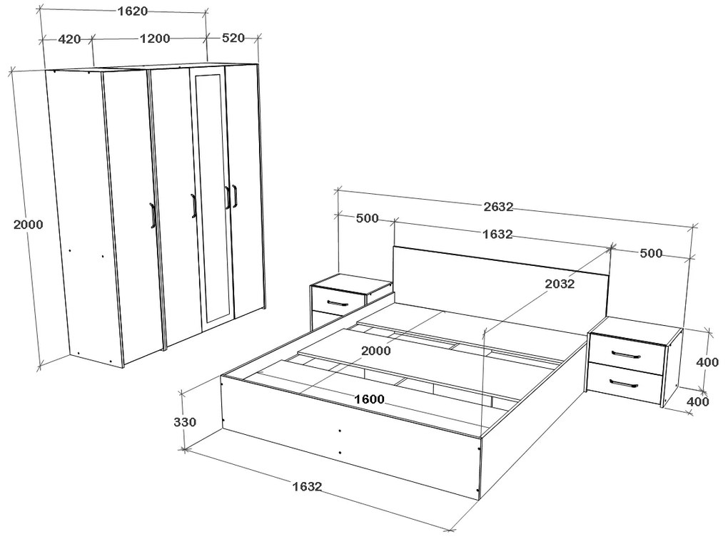 Set dormitor Malmo V7, Pat 200 x 160 cm, Stejar Artisan/Argila