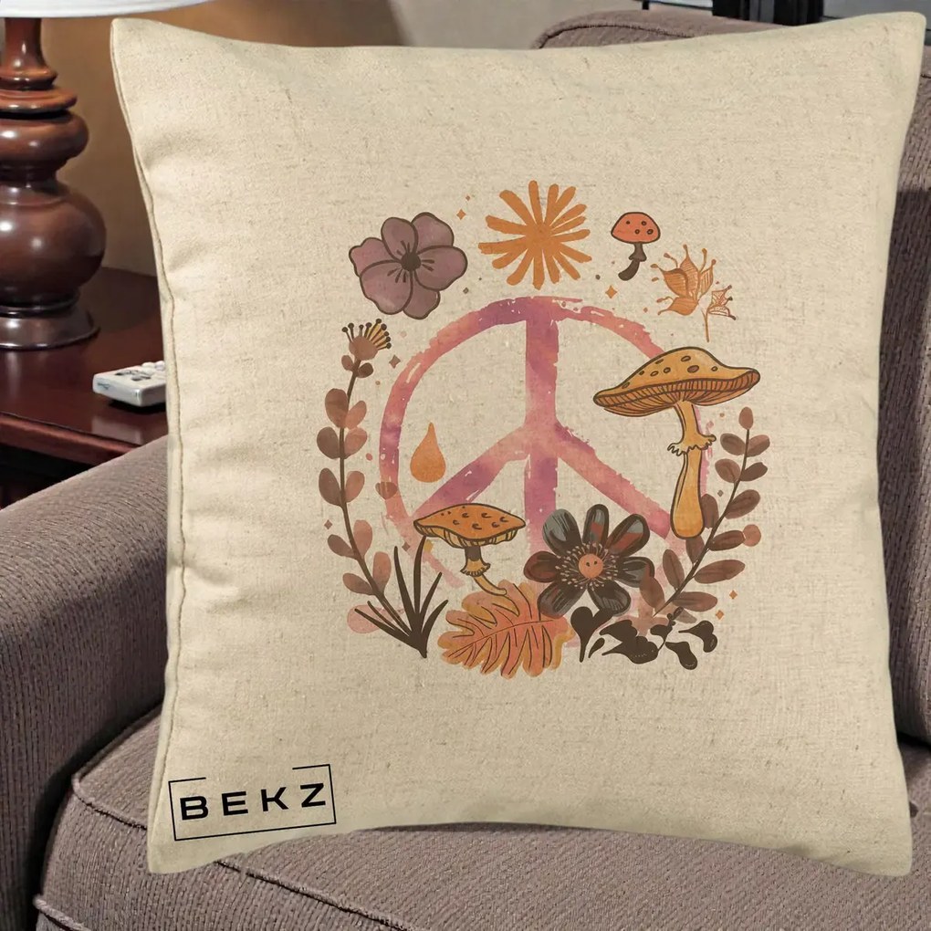Perna Decorativa Peace Ciuperci Boho, 40x40 cm, Bej, Husa Detasabila, Perna Inclusa, BEKZ®