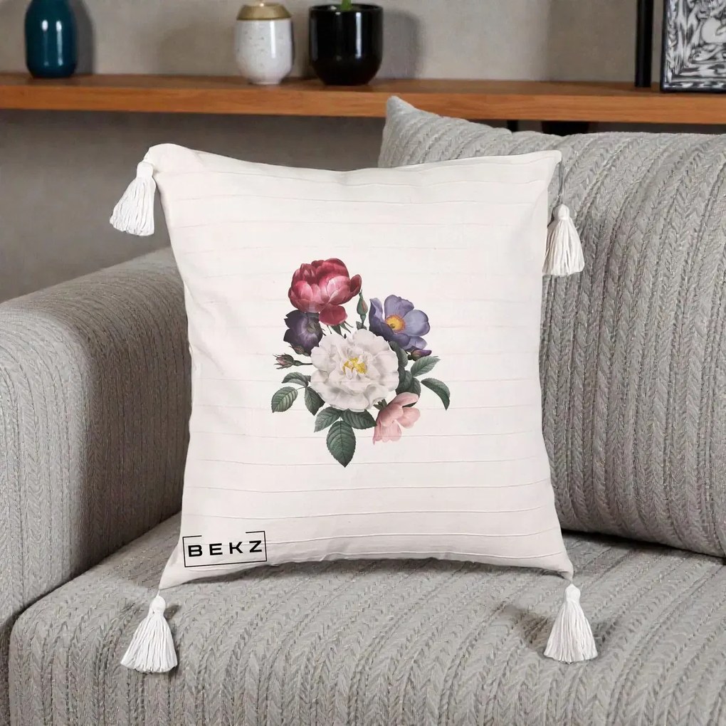 Perna Decorativa Buchet Trandafiri Bujori Botanical, 40x40 cm, Bej cu Franjuri, Husa Detasabila, Perna Inclusa, BEKZ®