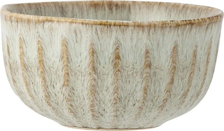 Bol rustic din ceramică artizanală cu dungi verticale maro pe fond bej, 14×7 cm, „Fleur"