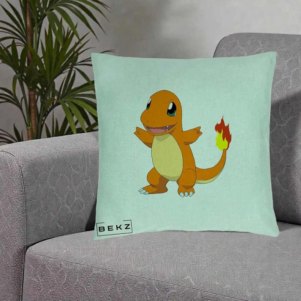 Perna Personalizata Charmander Pokemon, 40x40 cm, Verde Menta, Husa Detasabila, Perna Inclusa, BEKZ®