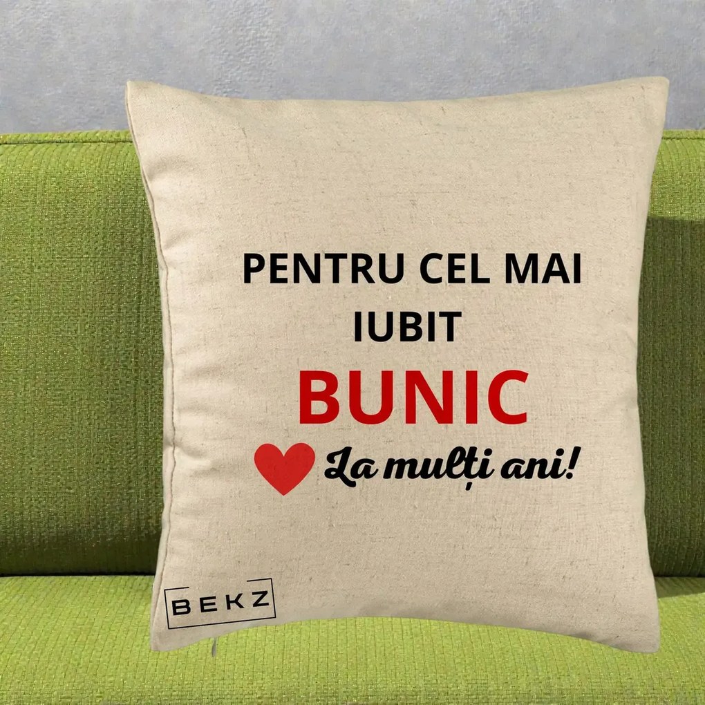 Cadou pentru Bunic - Perna Personalizata Pentru Cel Mai Iubit Bunic La Multi Ani Rosu, 40x40 cm, Bej, Husa Detasabila, Perna Inclusa, BEKZ®