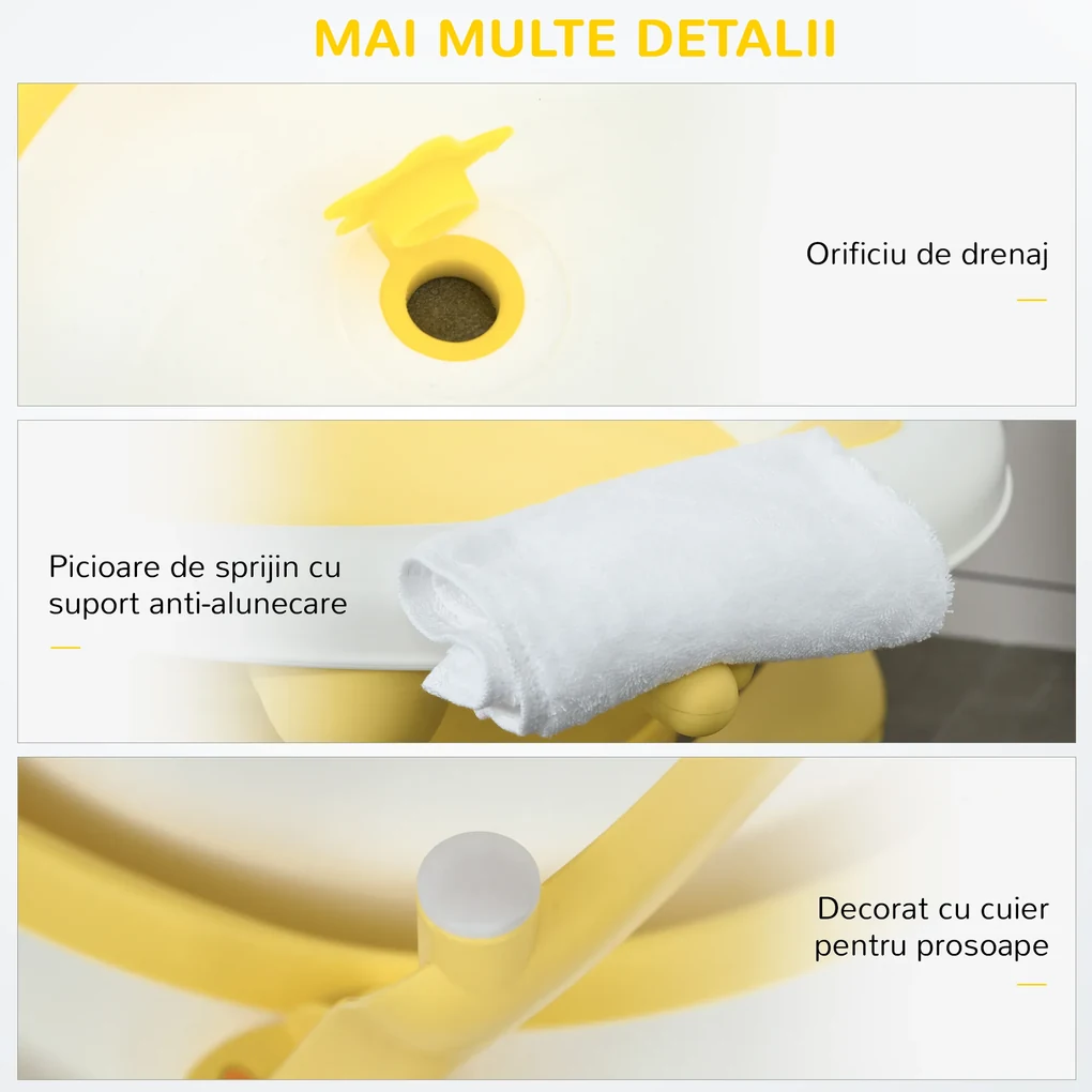 HOMCOM Cadă Pliabilă pentru Bebeluși 0-3 Ani, cu Indicator de Temperatură și Pernuță, Alb, 81.5x50.5x23.5 cm, Design Ergonomic | Aosom Romania