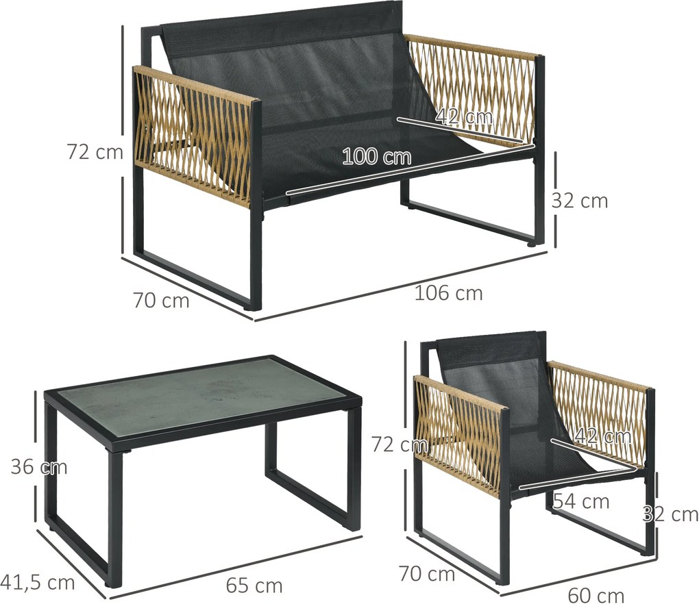 Outsunny Set mobilier grădină 4 piese canapea 2 locuri 2 fotolii și 1 măsuță blat din sticlă securizată 3 perne - gri | Aosom Romania